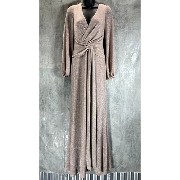 AQUA FORMAL Women's Blush Twist-Front Metallic V-Neck Long-Sleeve Gown SZ 2 - Picture 1 of 13